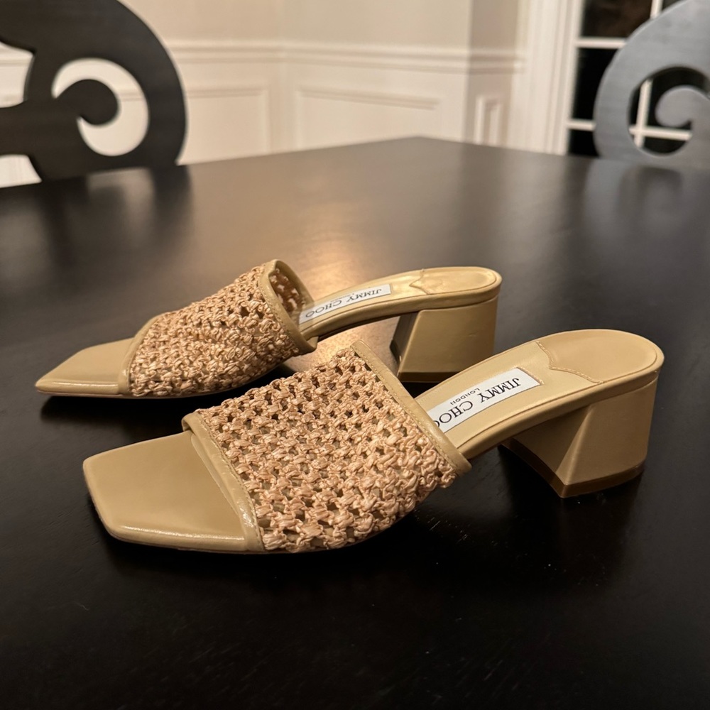 Jimmy Choo Themis Tan Woven Raffia Sandal, 45mm